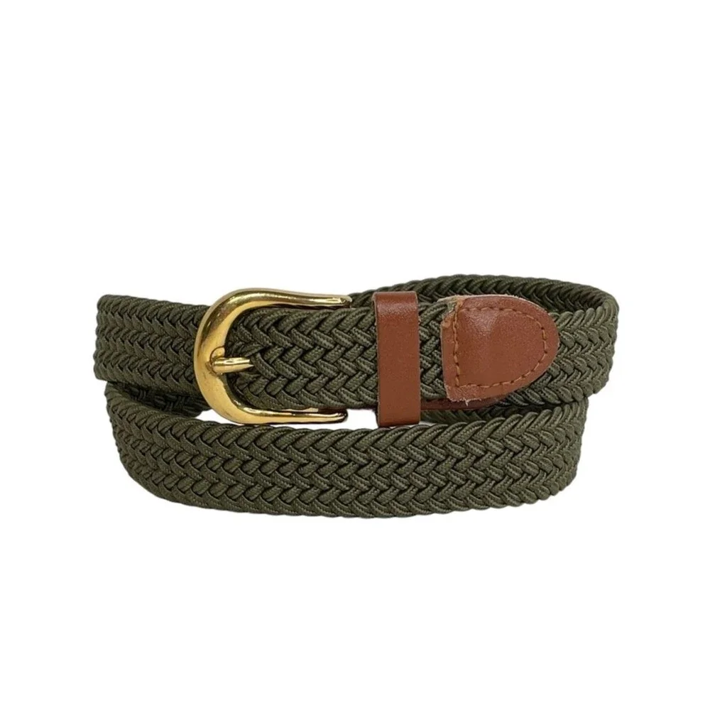 Army Green Stretchy Woven Belt Brown Trim Brass Toned Buckle Men's 28-30